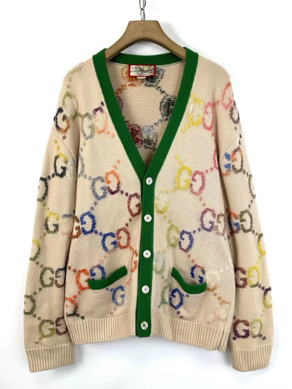 Gucci Cream Multicolor GG Logo Cardigan with Green Trim